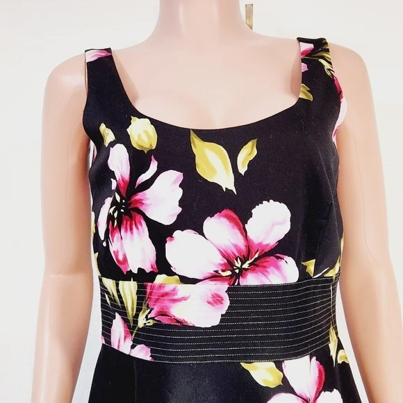 Donna Ricco Black Tropical Floral Hibiscus Print Sleeveless Sundress - Picture 2 of 11